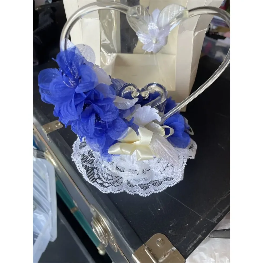Vintage Elegant Wedding Blown Glass Heart swans Wedding Cake Topper Blue Flowers
